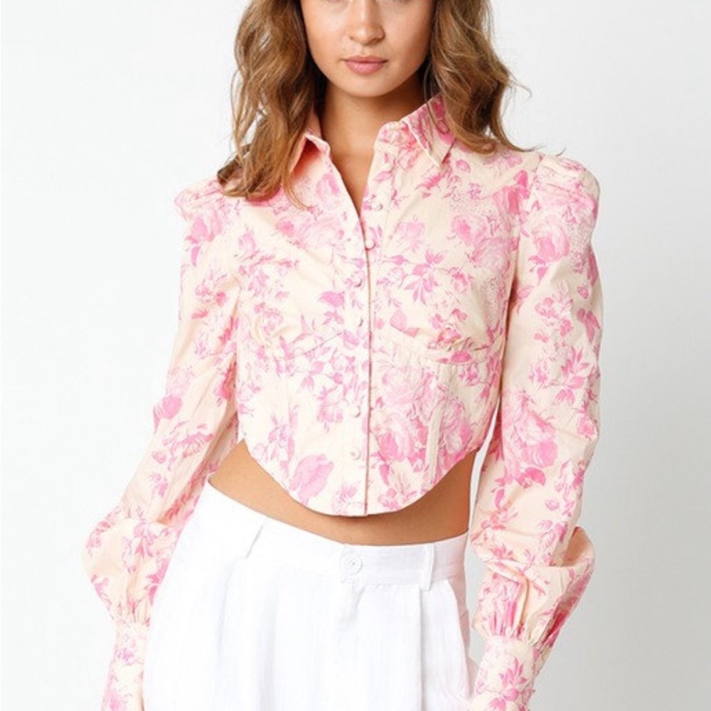 Olivaceous Pink Floral Corset Cropped Button-Up Blouse. NWT. Size Medium